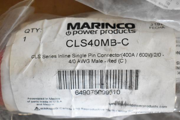 Marinco CLS40MB-C Inline Single Pin Connector, 400A/600V, 2/0-4/0 AWG, Male, Red. Made in Mexico and USA.