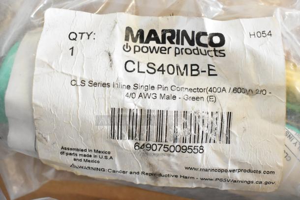 Marinco CLS40MB-E Single Pin Connector, 400A/600V, 2/0-4/0 AWG, Green, assembled in Mexico from U.S./Mexico parts.