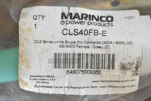 Marinco CLS40FB-E Single Pin Connector, 400A/600V, 2/0, 4/0 AWG Female, Green, new condition, packaging shows minor wear.