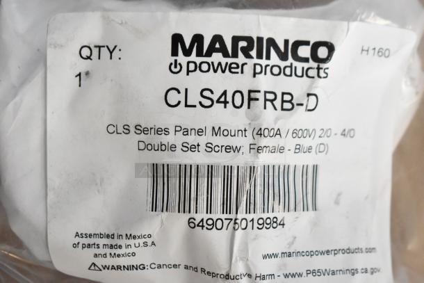 Marinco CLS40FRB-D Panel Mount package, indicating 400A/600V, double set screw, female, blue. Made in Mexico.