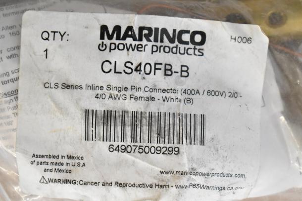 Marinco CLS40FB-B single pin connector label, 400A/600V, 2/0 4/0 AWG female, white. Assembled in Mexico.