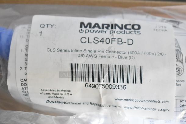 Marinco CLS40FB-D Inline Single Pin Connector, 400A/600V, 4/0 AWG Female, Blue, new condition. Tag states assembled in Mexico.