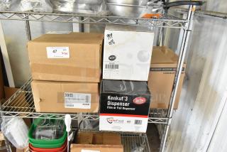 Five brand new kitchen items include Carlisle food pan, Duo-Pan broom combo, TableCraft squeeze bottles, Kenkut 3 dispenser.