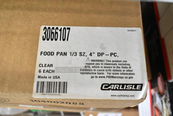 Box of Carlisle 3066107 4"D third-size food pans, label showing item details and safety warning, new condition.