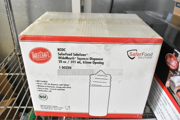 TableCraft N20C box of 12 WideMouth Squeeze Dispensers, 20 oz capacity, NSF certified, new condition.