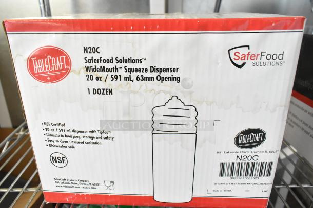 Box of TableCraft N20C WideMouth Squeeze Dispensers, 12 count, 20 oz/591 mL capacity, NSF certified, new condition.