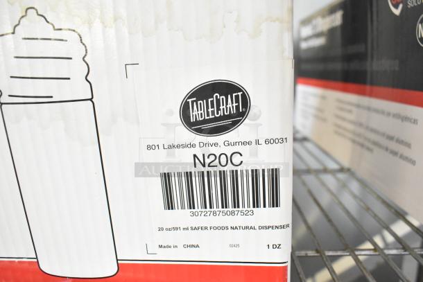 Box with TableCraft N20C WideMouth Squeeze Bottles, visible label shows barcode, address, and product details. Condition: New.