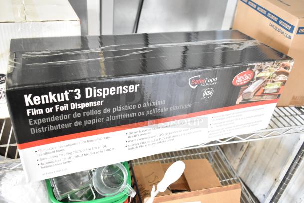 Kenkut 3 film or foil dispenser in packaging, NSF certified, reduces contamination, accommodates 12-18" rolls up to 3,000 ft.