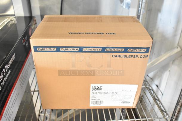 Cardboard box labeled Carlisle 3066107, containing new 4"D third-size food pans. Box marked "Wash Before Use."
