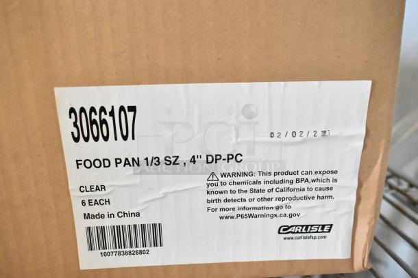 Box with label for Carlisle 3066107 4"D third-size food pan, indicating items are new. Includes BPA warning.