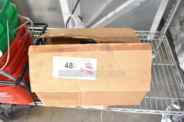 Box of 18 brand new scratch and dent items including brushes and poly bins. Label reads "48 QTY X-18x."