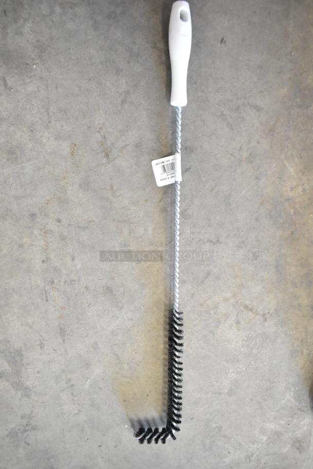 Long-handled brush with white handle and twisted wire bristles. New condition, tag attached, part of scratch and dent auction.