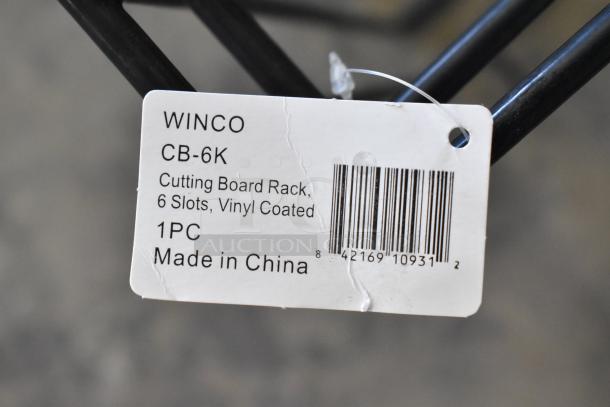 Winco CB-6K cutting board rack label, featuring 6 vinyl-coated slots. Made in China, 1 PC per tag.