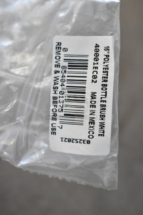 Clear plastic packaging with label "16'' Polyester Bottle Brush White," item code 48001EC02, made in Mexico.