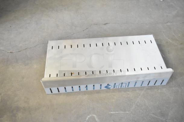Stainless steel poly silverware bin, scratch and dent condition, visible slots, rectangular shape, blue logo on side.
