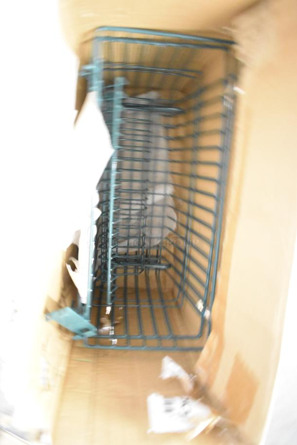 Set of six brand new scratch and dent items, including poly silverware bins and green finish baskets, in a cardboard box.