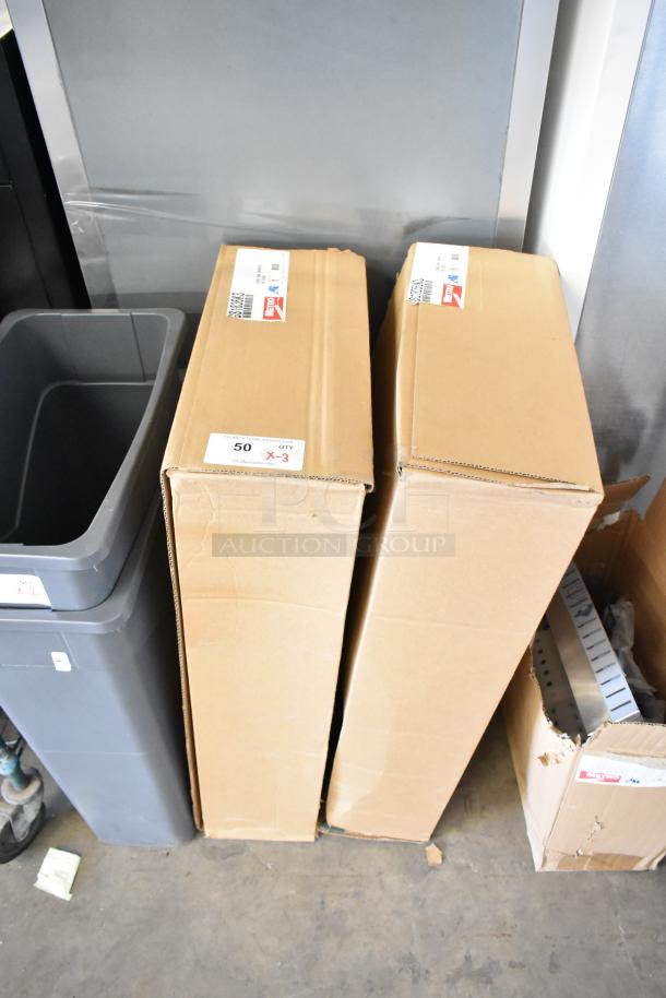3 brand new Metro Smartwall G3 items in boxes, including lid holder and grid shelves. Boxes labeled with product details.