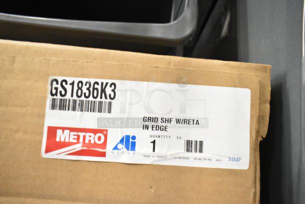 Box labeled "GS1836K3", containing Metro SmartWall G3 Metroseal 3 Grid Shelf with retaining ledge, quantity: 1.