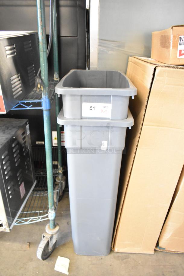 Two gray Slim Jim poly trash cans, stacked. Each labeled "51, QTY X-2." Durable, suitable for commercial use.