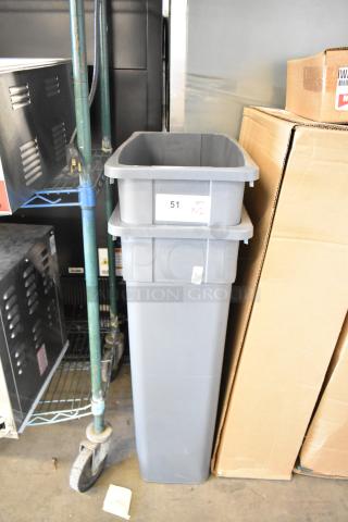 Two gray Slim Jim poly trash cans, stacked. Each labeled "51, QTY X-2." Durable, suitable for commercial use.