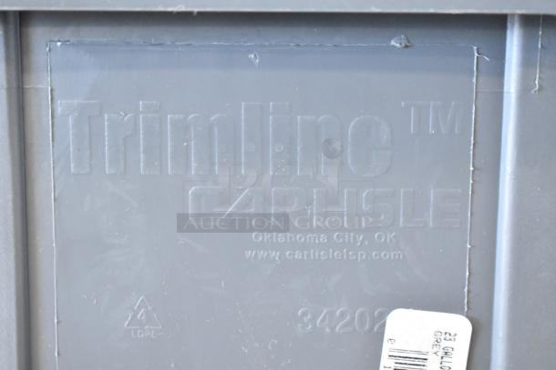2 Carlisle Trimline Slim Jim gray trash cans, embossed logo, Oklahoma City. 23-gallon capacity, durable plastic, excellent condition.