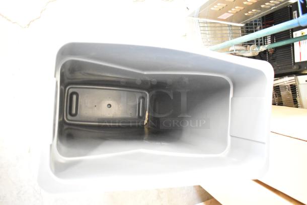 2 Gray Poly Slim Jim trash cans, rectangular shape, sturdy plastic, interior view shown. Ideal for commercial use.