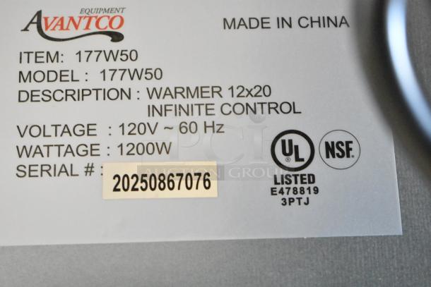 Avantco 177W50 stainless steel countertop food warmer label, 120V, 1200W, UL and NSF listed, Made in China, serial 20250867076.