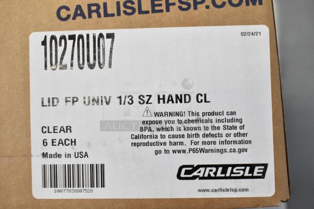 Carlisle 10270U07 StorPlus Polycarbonate Handled Universal Lid, clear, made in USA, 6 per pack, warning for BPA.