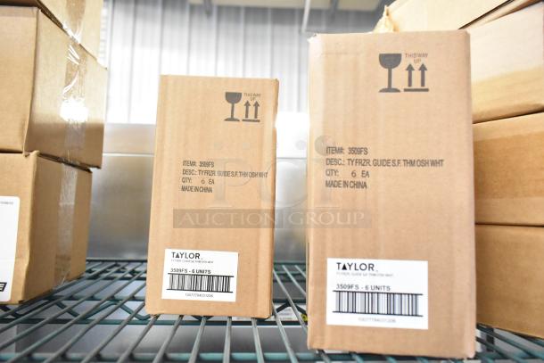 Boxes of 12 new scratch and dent items, including Carlisle universal lids and Taylor thermometers, marked "3509FS."