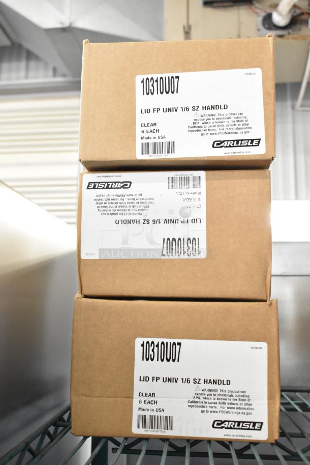 Twelve new Carlisle StorPlus polycarbonate lids, model 10310U07, clear, 1/6 size, six per box, made in the USA.