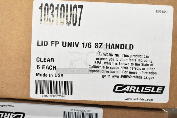 Label on Carlisle 10310U07 Universal 1/6 Size Food Pan Solid Lid box. Indicates product is clear, 6 each, Made in USA.