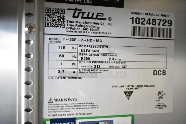 Brand new 2021 True T-23F-2-HC-MC commercial freezer, 115V, with poly-coated racks. Scratch and dent condition.