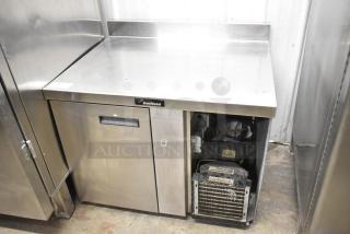 Delfield 18WC39R single door work top cooler, stainless steel, 115V, 1 phase, includes back splash, visible Delfield logo.