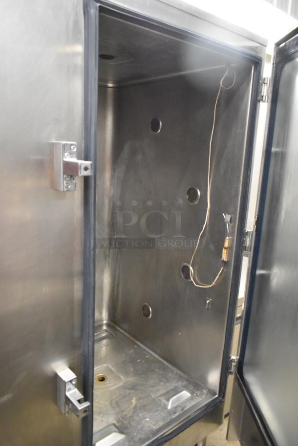 Alto Shaam stainless steel commercial combi convection oven with probe, open door view. Appears clean and in good condition.