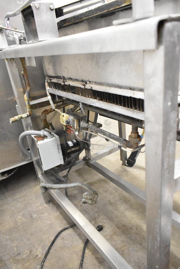 Groen N/HFP commercial natural gas braising pan, 106,000 BTU, floor style, stainless steel, visible connections and controls.