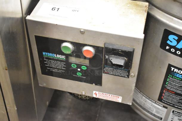 Salvajor S419 Commercial Trough Collector with control panel, featuring start and stop buttons. Visible caution and operation labels.