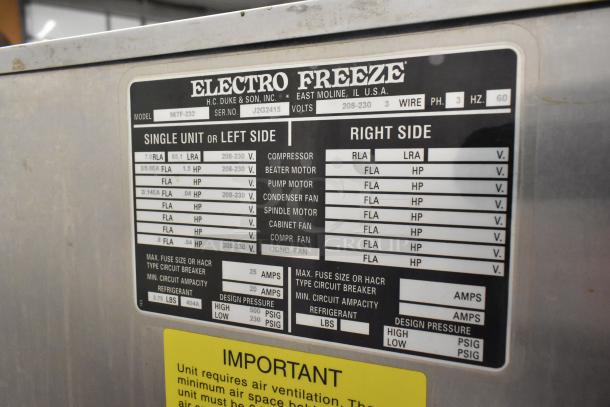 Electro Freeze 56TF-232 commercial soft serve machine, 208-230V, 3 phase, on casters. Model label details technical specs.