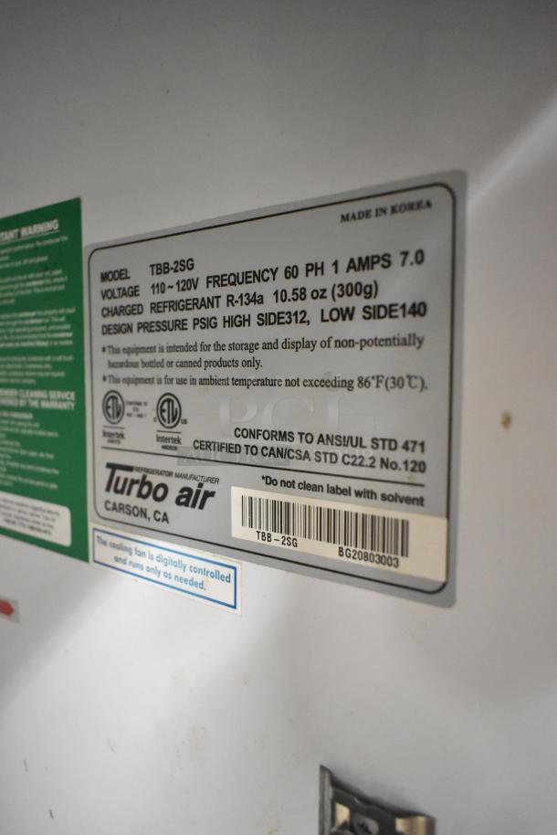 Turbo Air TBB-2SG commercial back bar cooler label, 115 volts, 1 phase, R-134a refrigerant, made in Korea.