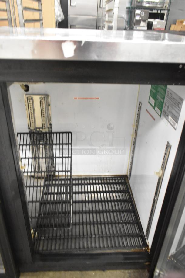 Turbo Air TBB-2SG back bar cooler, metal, two-door with glass front, interior shelves, 115 volts, commercial use.
