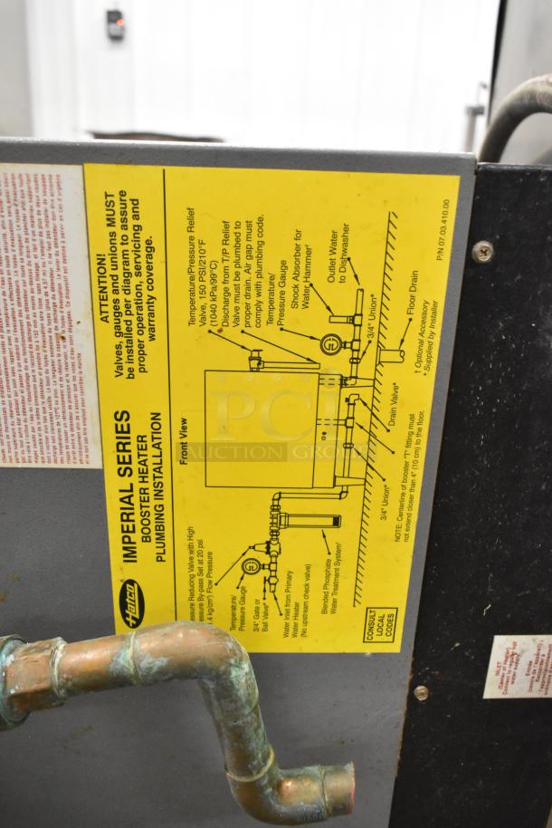 Hatco Imperial Series Commercial Hot Water Booster Heater with installation diagram. Features copper piping and detailed safety instructions.