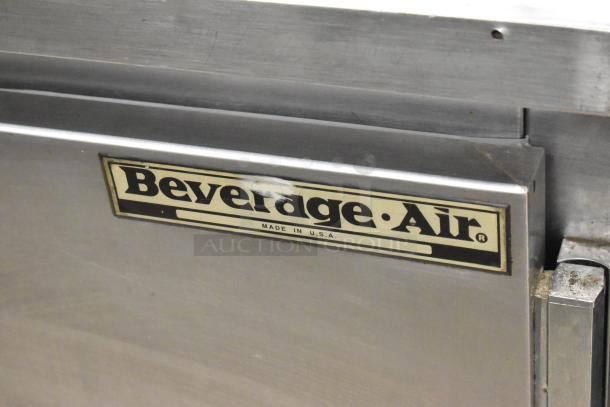 Beverage Air SUR48-12 commercial prep table on casters, stainless steel, 115 volts, 1 phase, with visible brand logo.