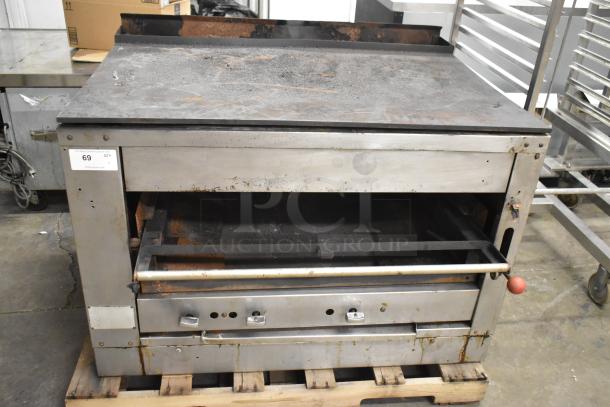 C-45 Commercial Natural Gas Cheese Melter, 42,000 BTU, Model C-45. Visible wear, stainless steel, rust marks, on pallet.