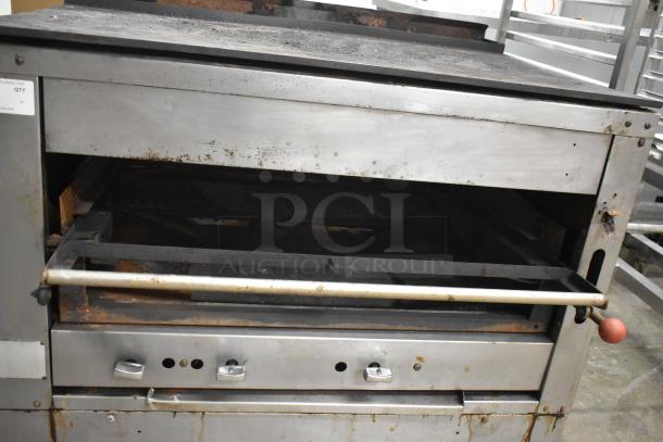 C-45 Commercial Cheese Melter, natural gas powered, 42,000 BTU, stainless steel, visible wear and rust, model C-45.