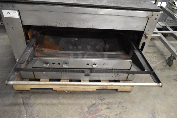 C-45 Commercial Natural Gas Cheese Melter, 42,000 BTU, model C-45. Shows signs of wear, visible rust, open warming area.