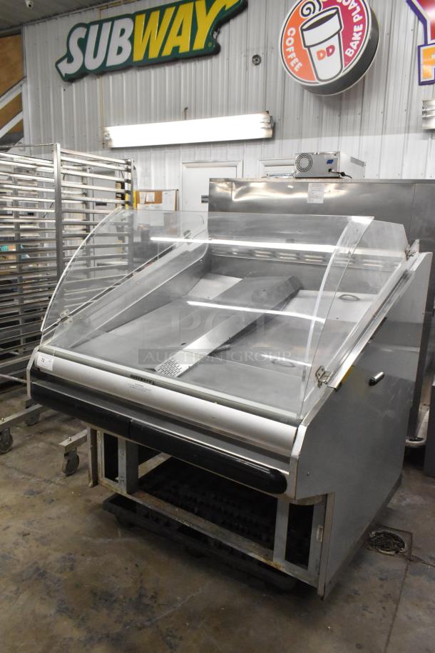 Hussmann DSF-4-REM fish service case, commercial floor style, open grab-n-go, clear doors, used condition, 120/208-240V, 1 phase.