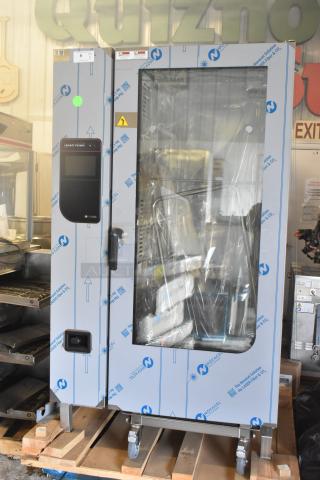 BRAND NEW 2023 Henny Penny FPGM22172007 stainless steel commercial natural gas roll-in rack combi convection oven, 200,000 BTU.