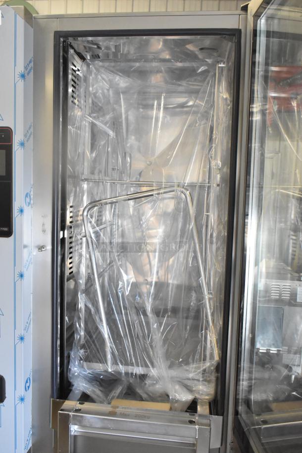 Brand new 2023 Henny Penny FPGM22172007 stainless steel convection oven with plastic cover, pan transport rack, 200,000 BTU.