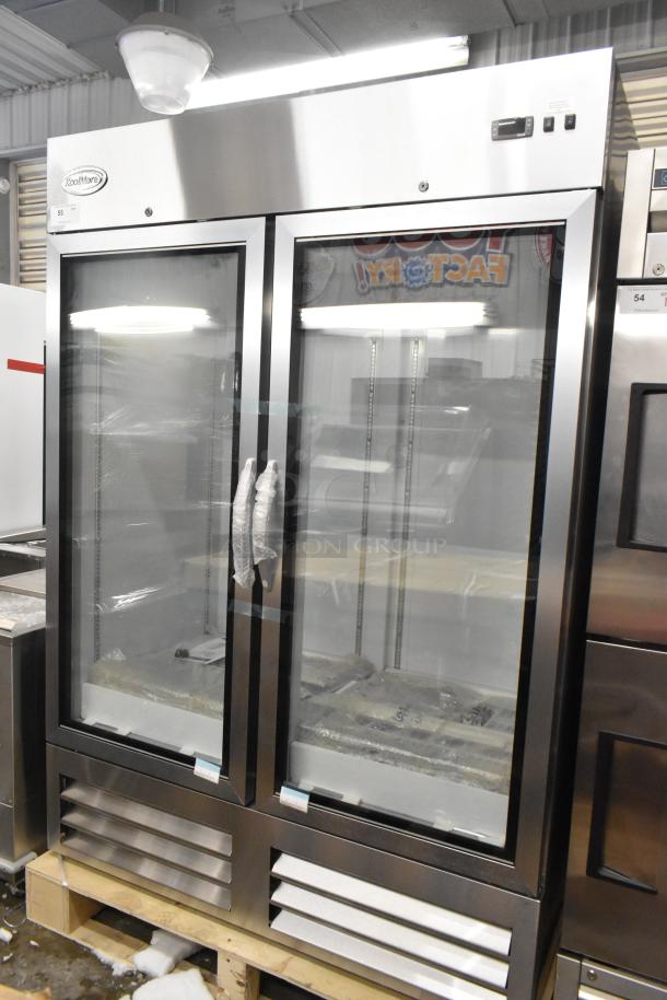 Brand new 2024 KoolMore KM-RIC-2DGD commercial 2-door reach-in cooler, scratch and dent condition, with poly coated racks.