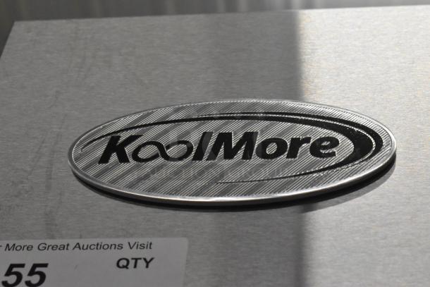 KoolMore logo on 2024 KM-RIC-2DGD Commercial 2 Door Cooler with poly-coated racks shown; features stainless steel finish.