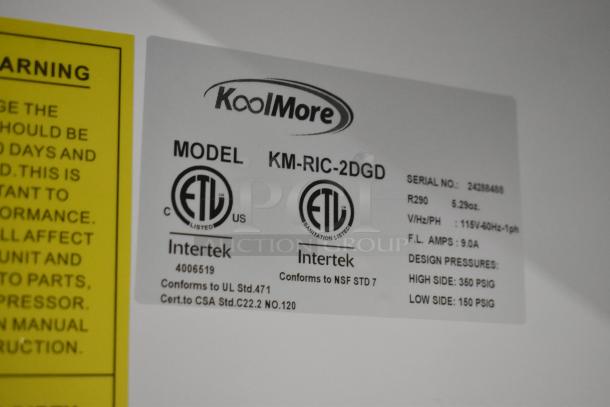 KoolMore KM-RIC-2DGD label showing model, serial number, and ETL certification for 2024 commercial cooler.